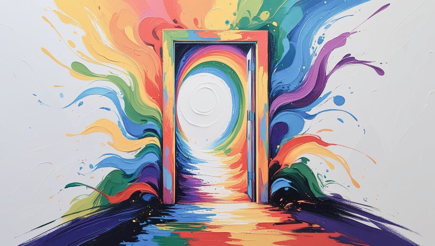 Door splashed with rainbow coloured paint